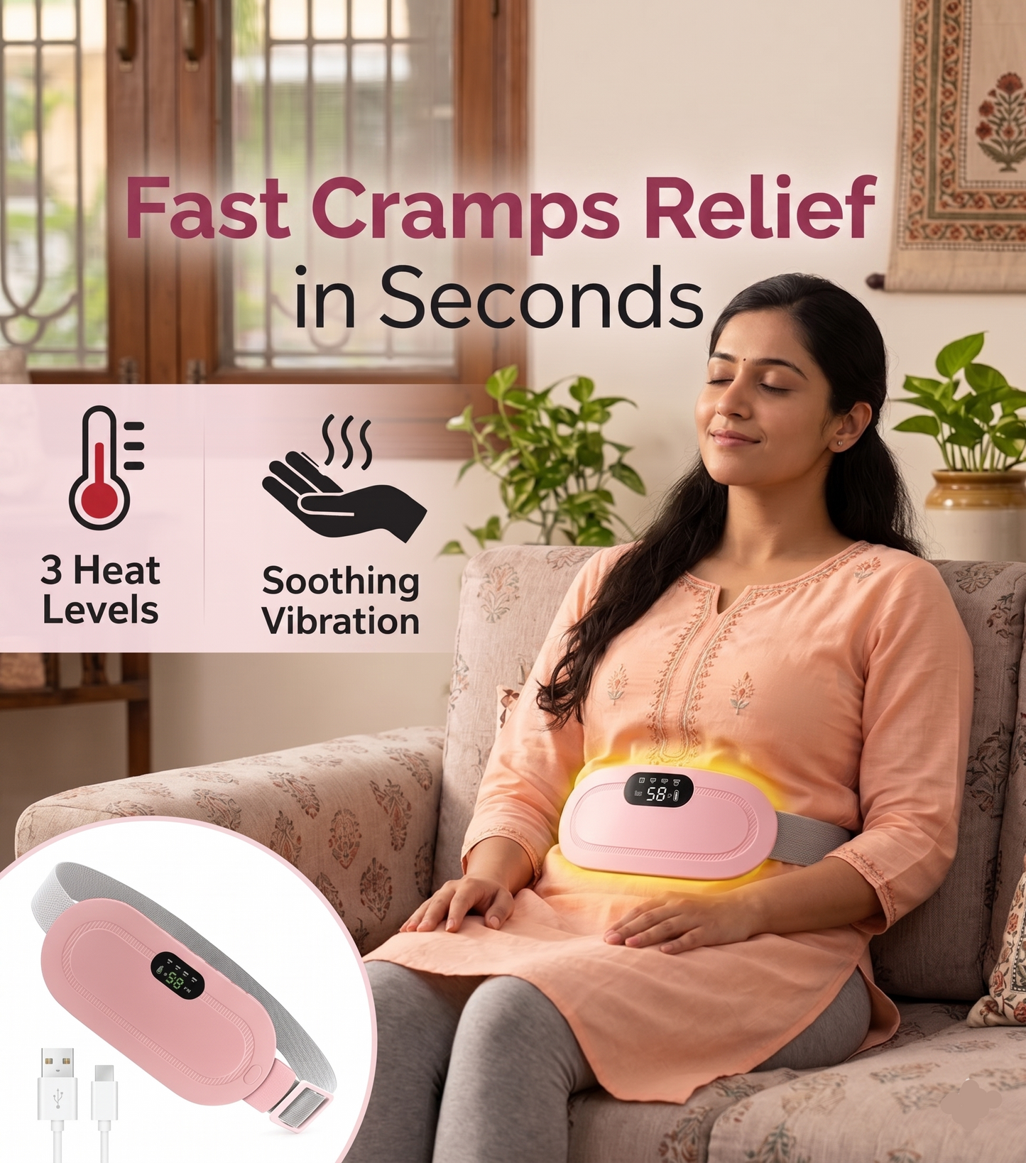 Woman using a belly button device for cramps relief in a home setting with text highlighting features.